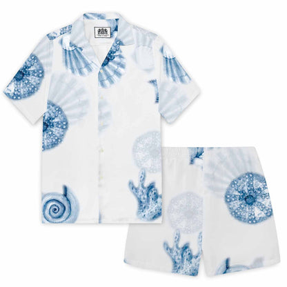 Ocean Blue Shell Print Camp Collar Short-Sleeved Shirt