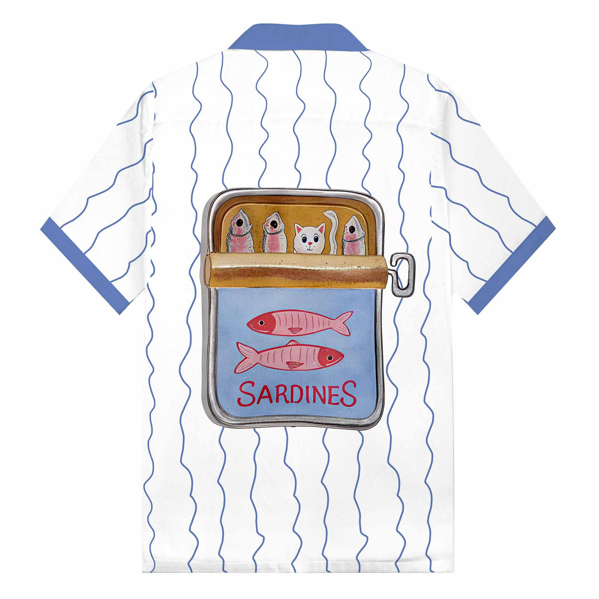 Fun Cat Fish Steak Lined Up Print Camp Collar Short-Sleeved Shirt