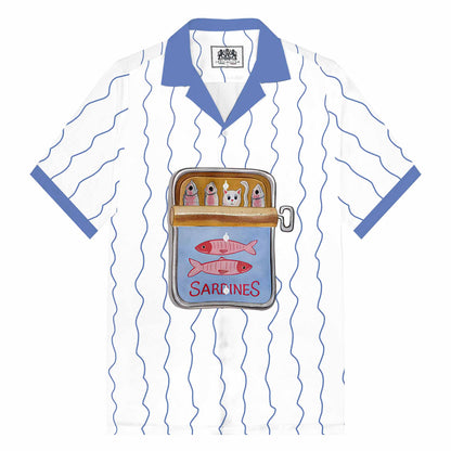 Fun Cat Fish Steak Lined Up Print Camp Collar Short-Sleeved Shirt