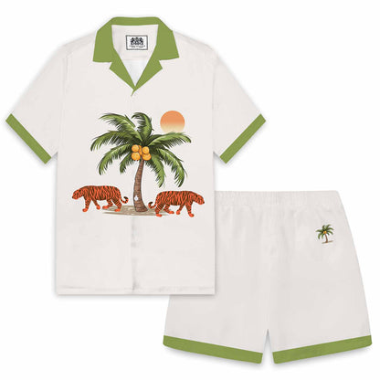Tropical Coconut Trees & Tiger Print Elastic Waistband Casual Shorts