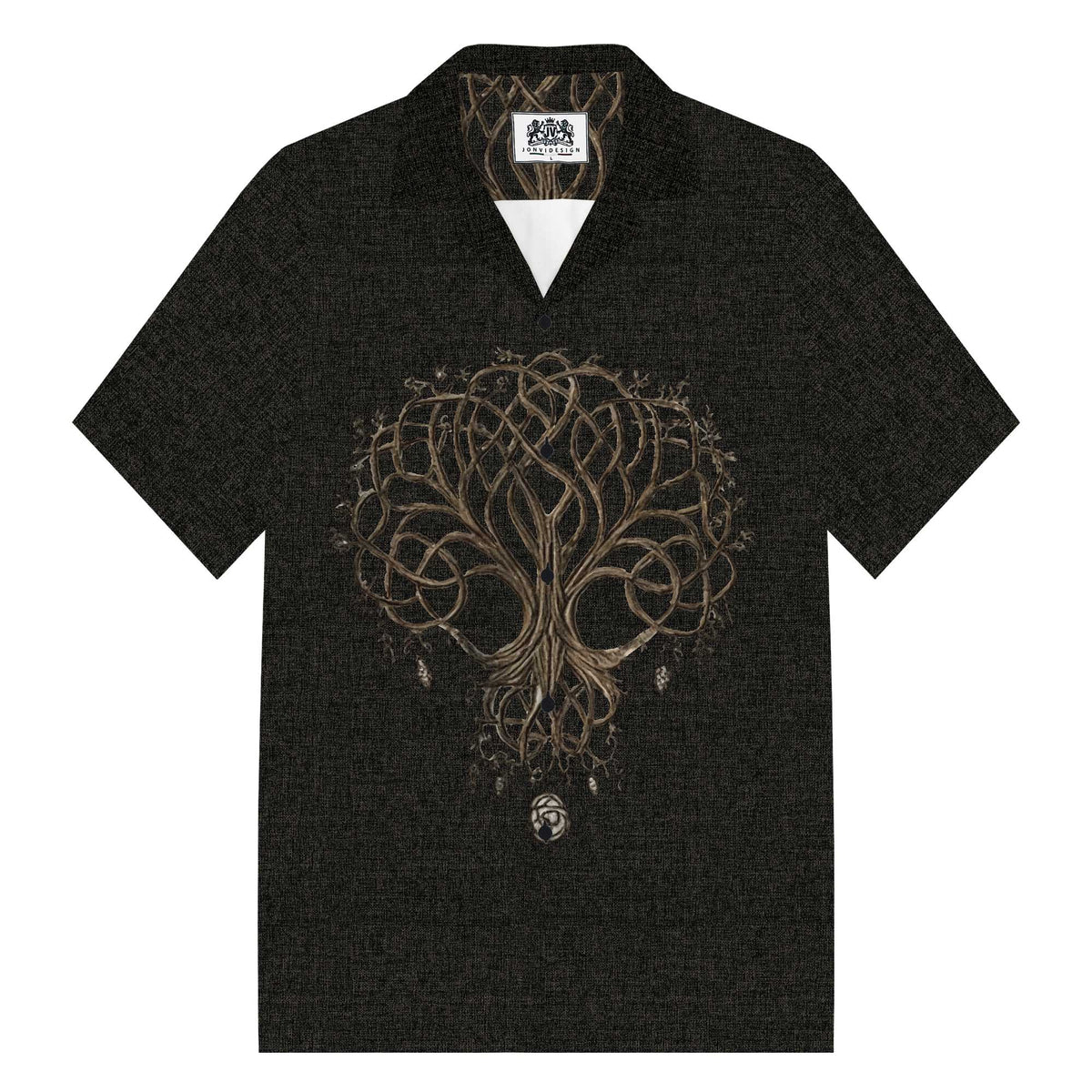 Men's Black Viking Tree of Life Print Camp Collar Casual Short Sleeve Shirt