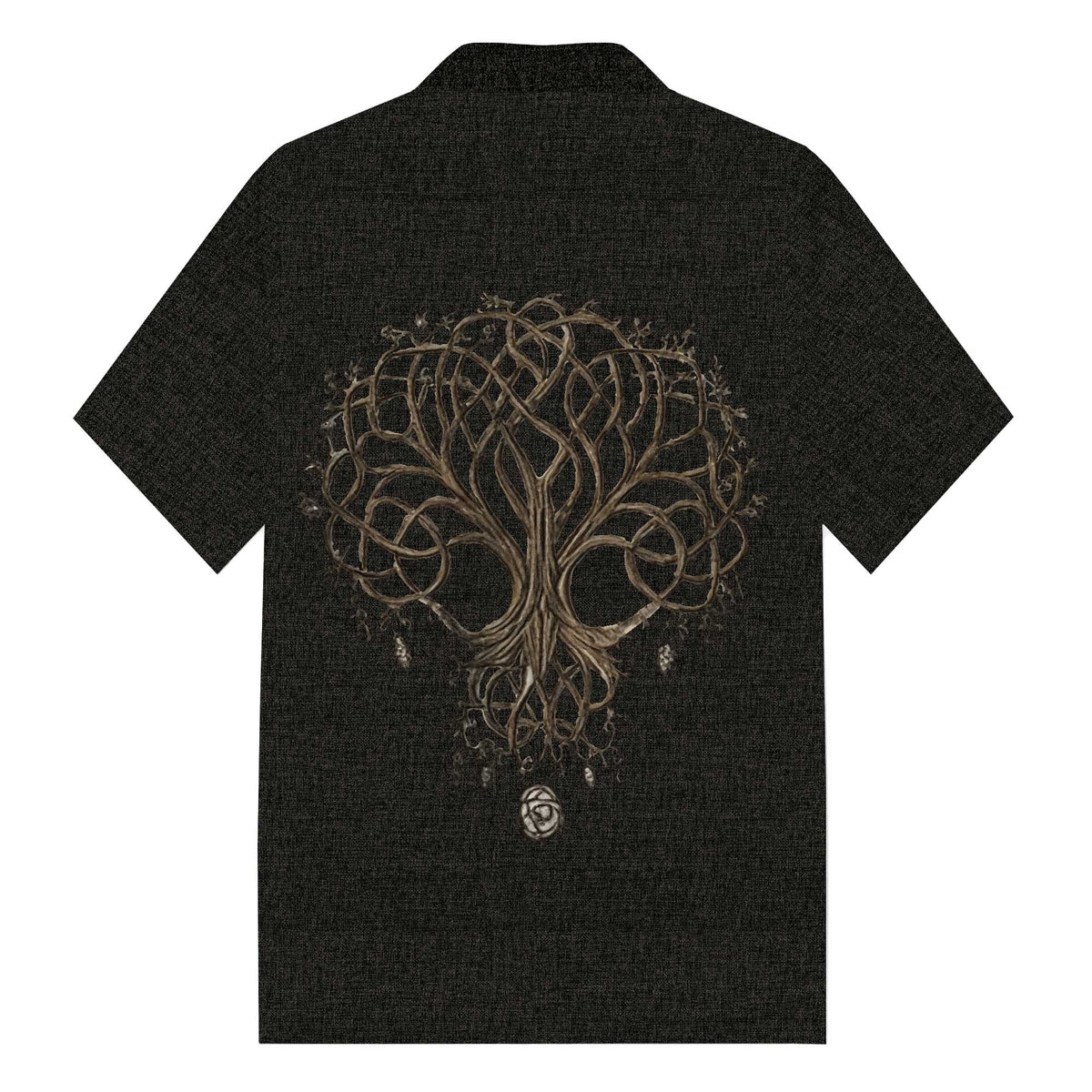 Men's Black Viking Tree of Life Print Camp Collar Casual Short Sleeve Shirt