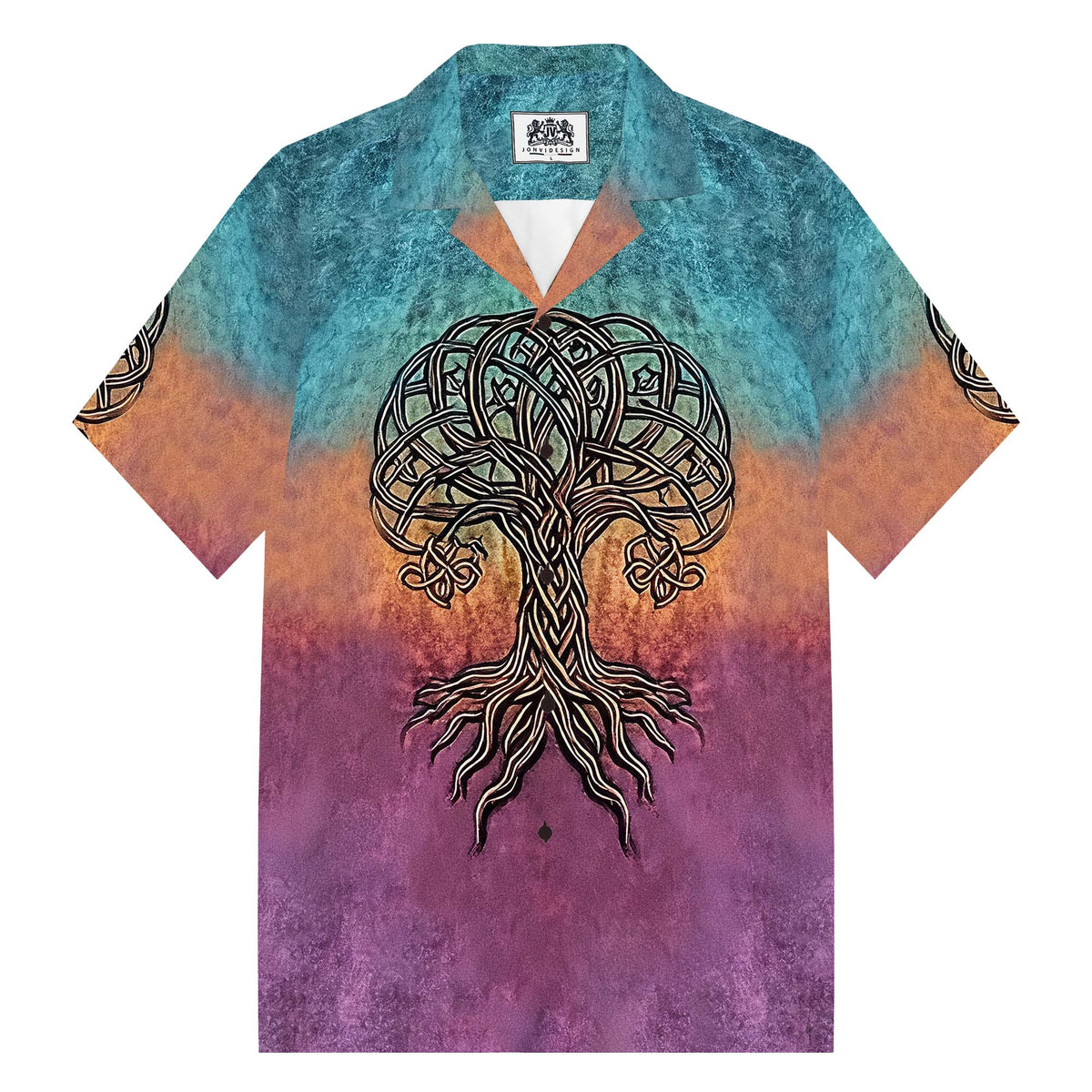 Viking-Style Tree Of Life Celtic Knot Art Camp Collar Short Sleeve Shirt