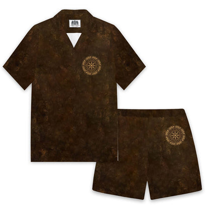 Tribal Viking Bird Graphics Camp Collar Short Sleeve Shirt