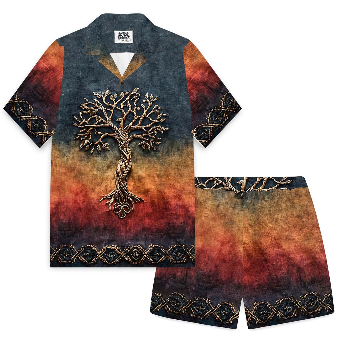 Men's Celtic Knot Tree Of Life Gradient Camp Collar Short Sleeve Shirt