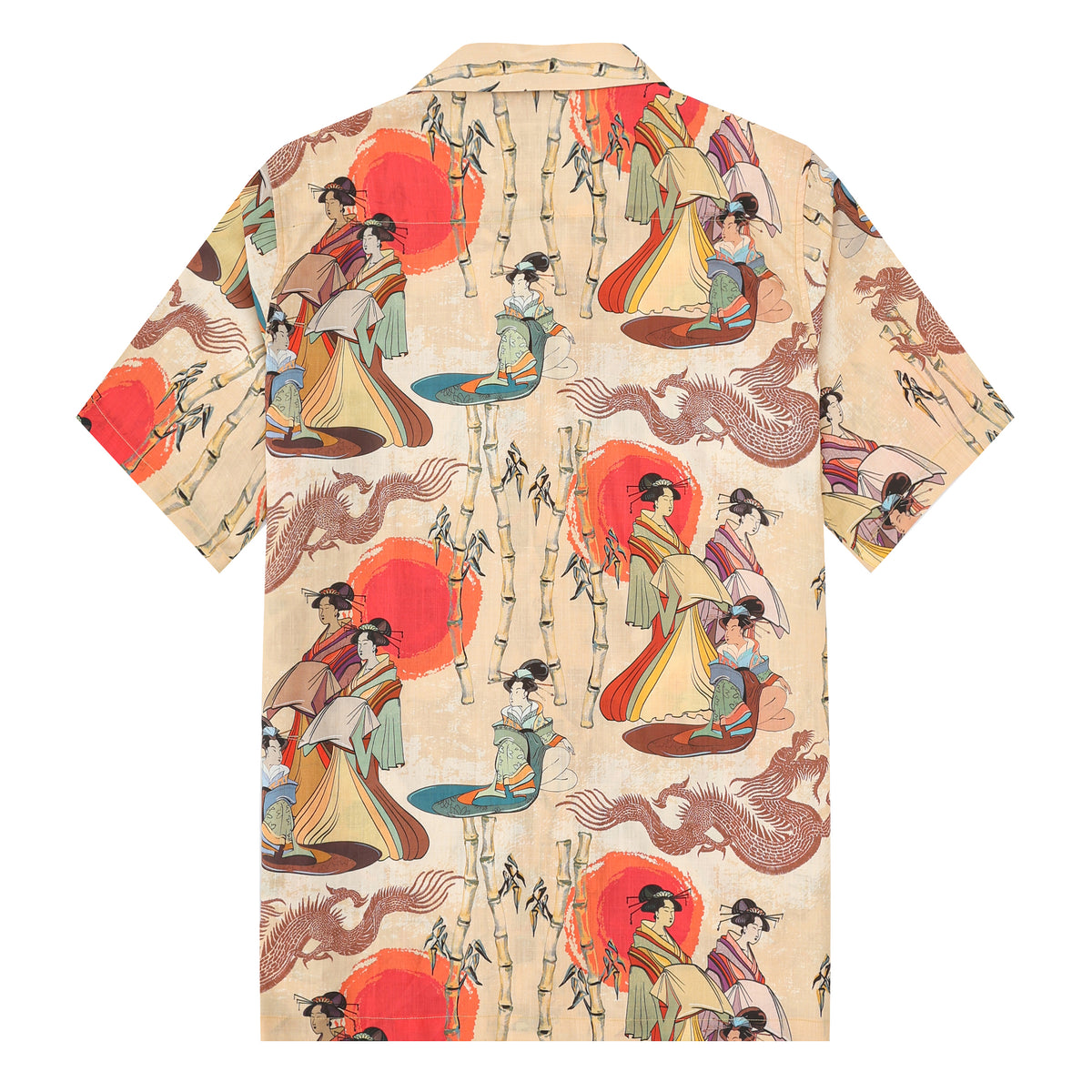 Ukiyo-e Japanese Women Printed Camp Collar Short Sleeve Shirt