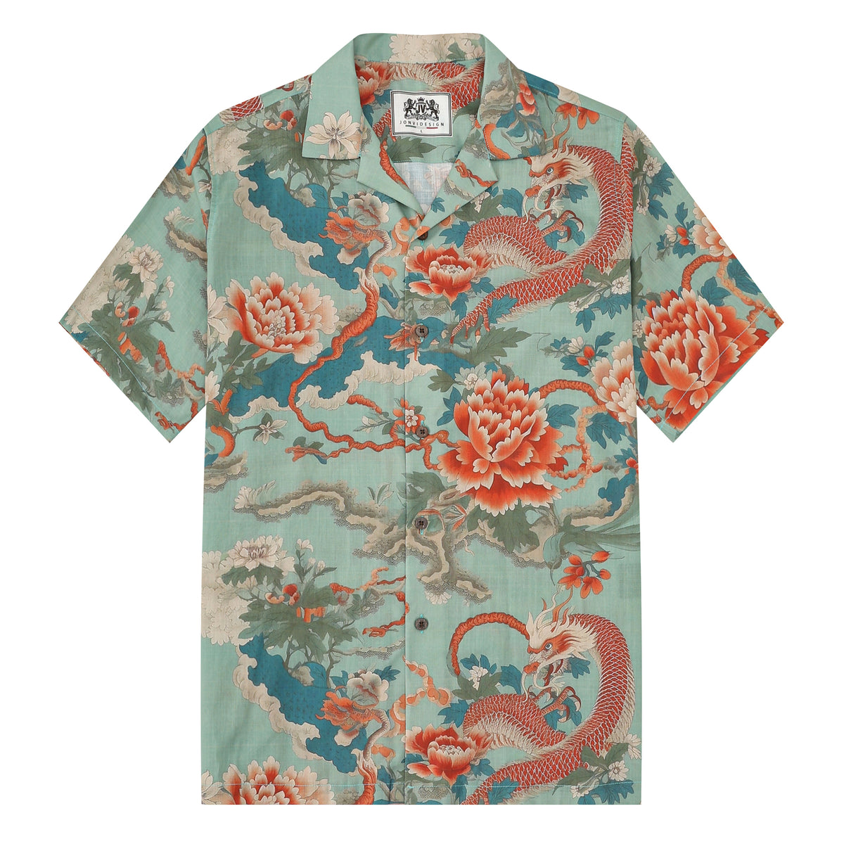 Ukiyo-e Gragon Floral Pattern Camp Collar Short Sleeve Shirt