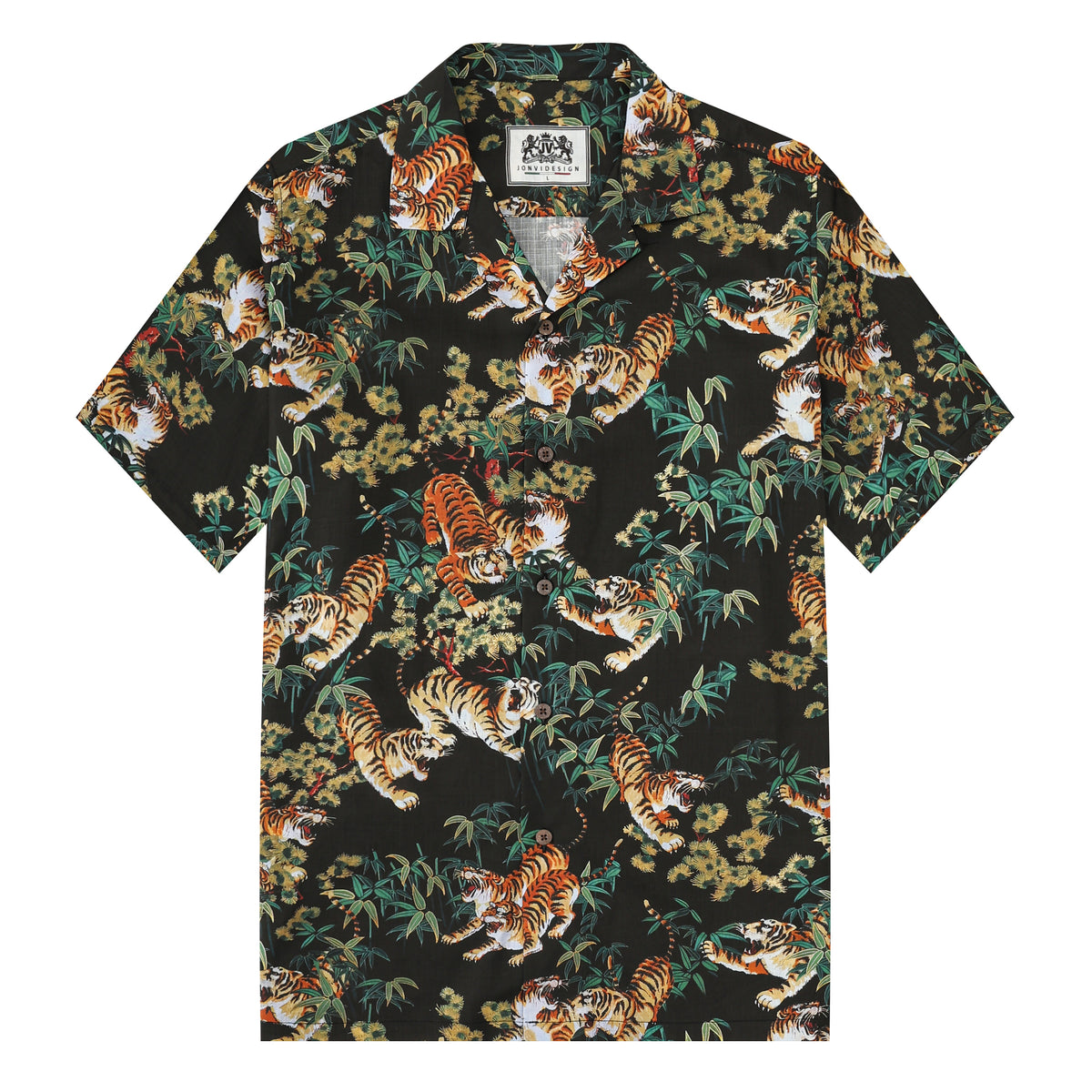 Ukiyo-e Bamboo Tiger Printed Camp Collar Short Sleeve Shirt