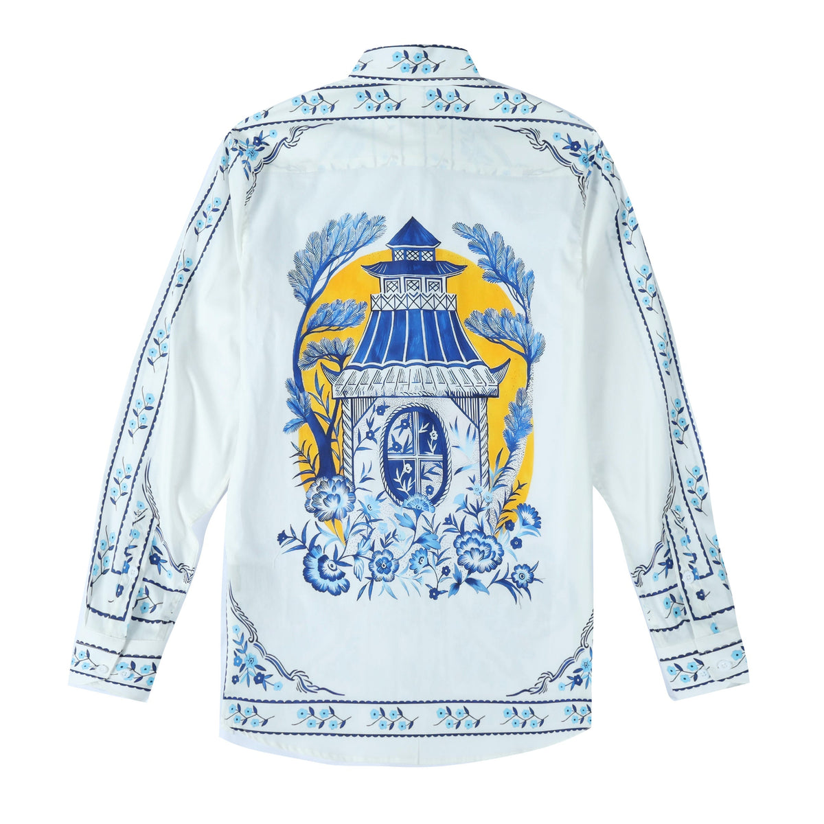 Floral Palace Pattern Long Sleeve Button Down Shirt in Blue Jonvidesign