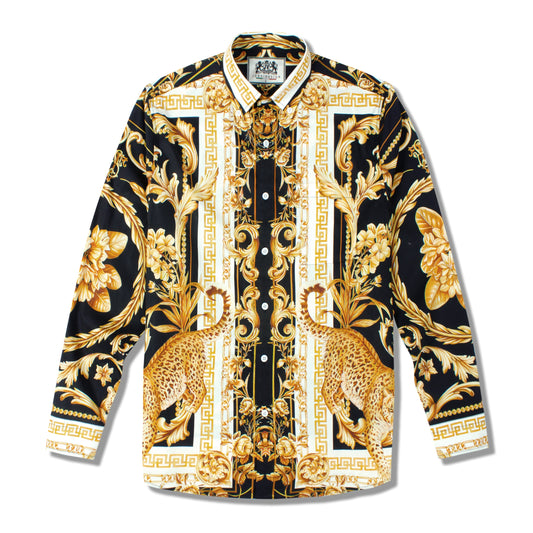 Golden Baroque Pattern Long Sleeve Button Down Casual Shirt Jonvidesign