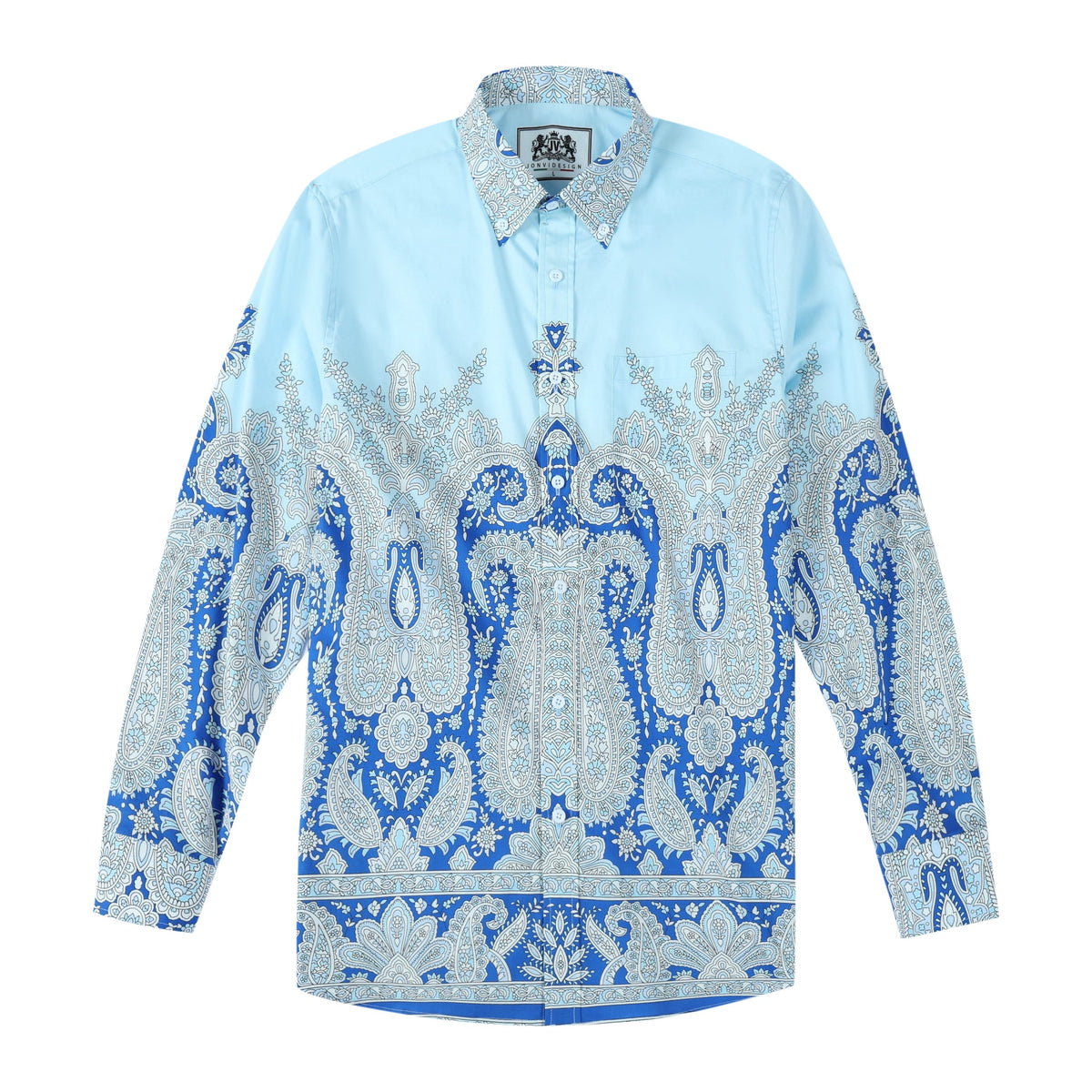 Grey Blue Paisley Pattern Long Sleeve Button Down Shirt Jonvidesign