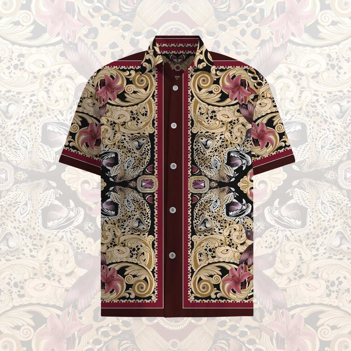 Nature Print Short Sleeve Shirt with Leopard Print Accents Jonvidesign