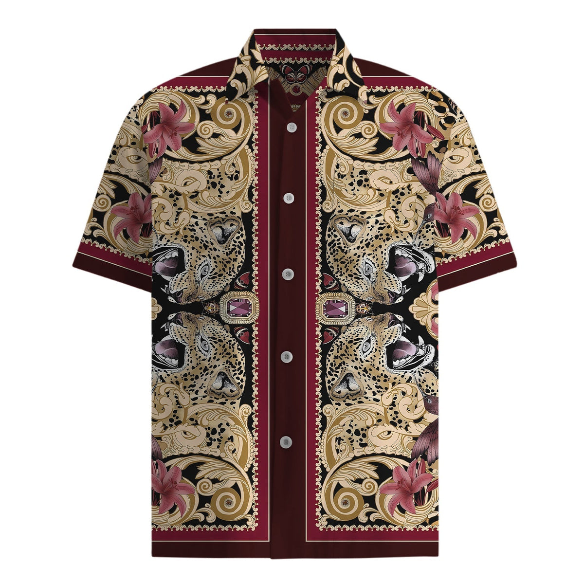 Nature Print Short Sleeve Shirt with Leopard Print Accents Jonvidesign