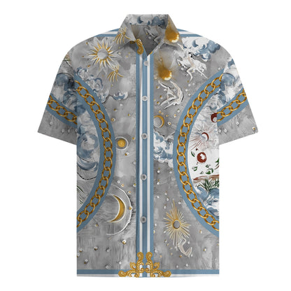 Unique Design Short Sleeve Shirt in Gray with Chain Accent Jonvidesign