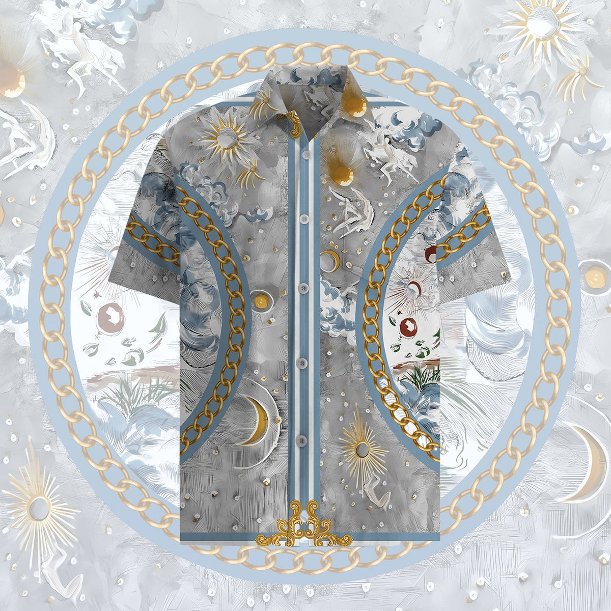 Unique Design Short Sleeve Shirt in Gray with Chain Accent Jonvidesign