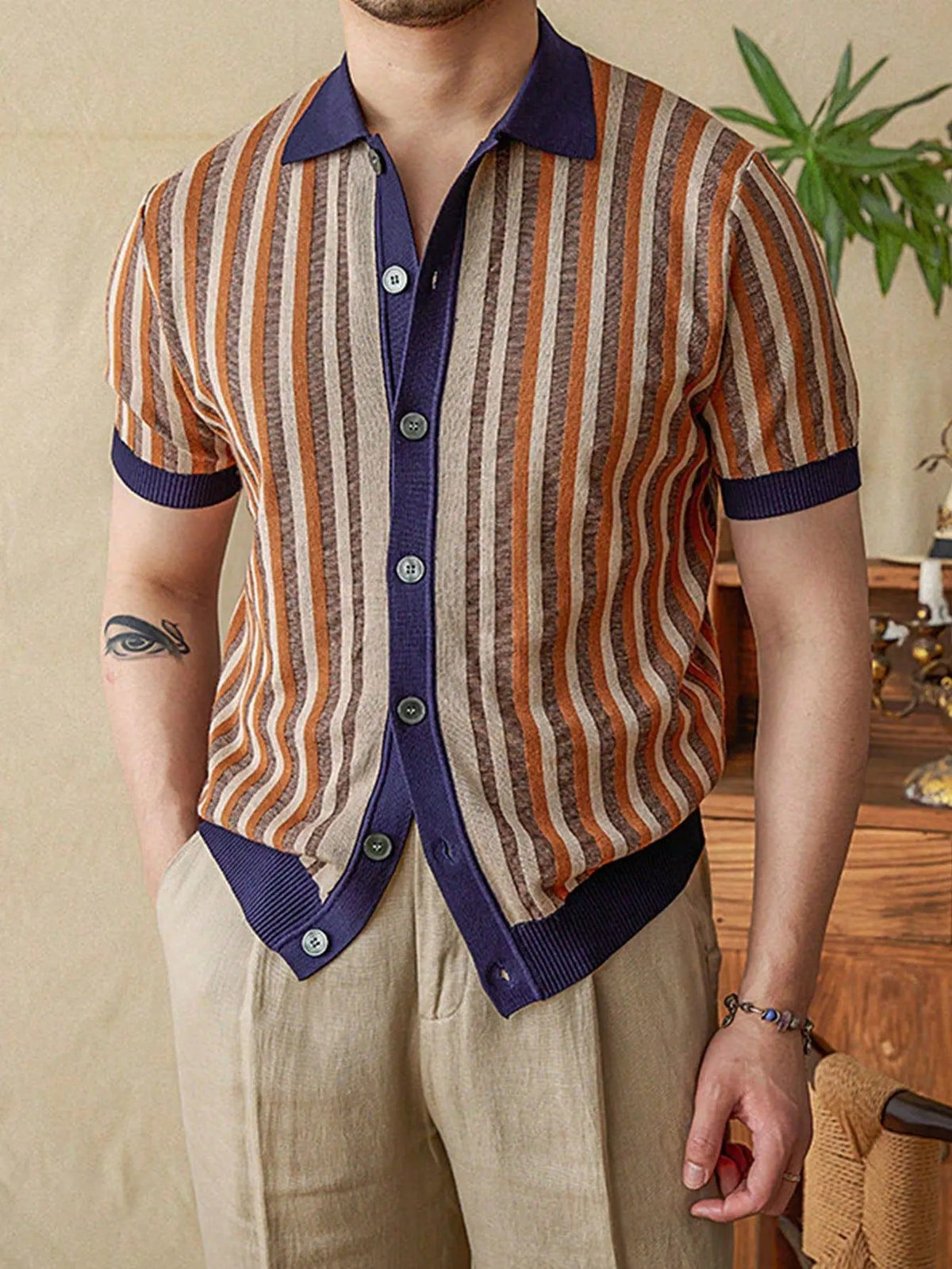 Men's Retro Vertical‑Stripe Lapel Short‑Sleeve Knit Cardigan