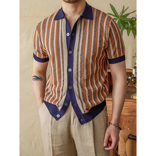 Men's Retro Vertical‑Stripe Lapel Short‑Sleeve Knit Cardigan