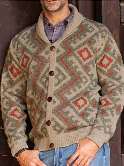 Vintage Geo Pattern Men’s Knit Cardigan