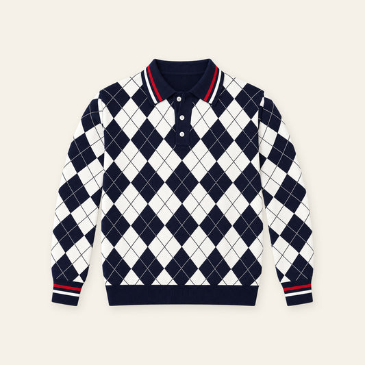 Argyle Print Men's Polo Knit Sweater