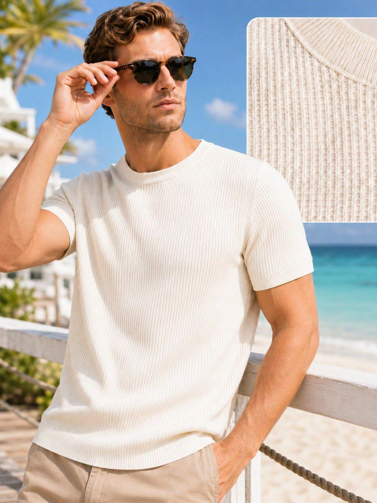 Men's Solid Crew Neck Short‑Sleeve Knit Sweater