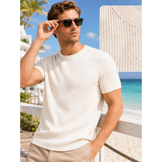Men's Solid Crew Neck Short‑Sleeve Knit Sweater