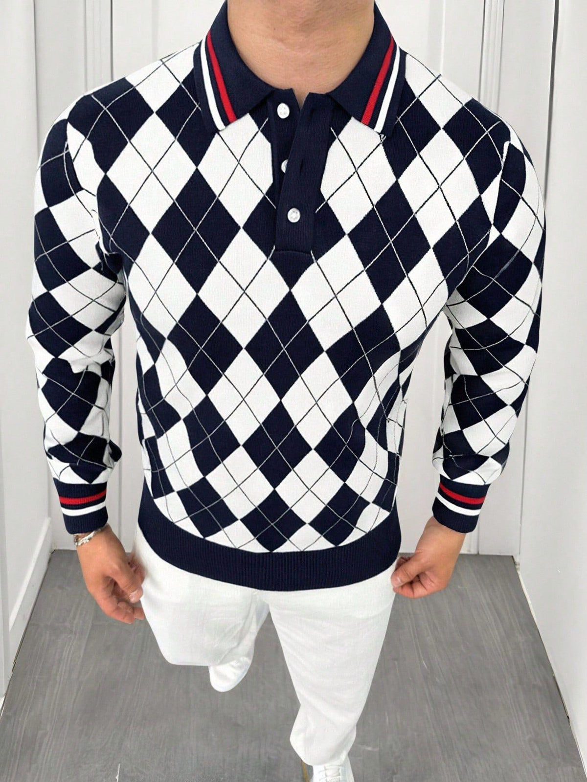 Argyle Print Men's Polo Knit Sweater