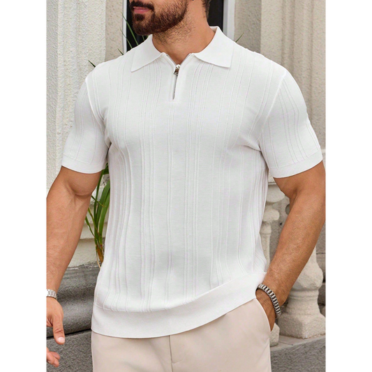 Men's Quarter‑Zip Vertical Ribbed Short‑Sleeve Knit Polo