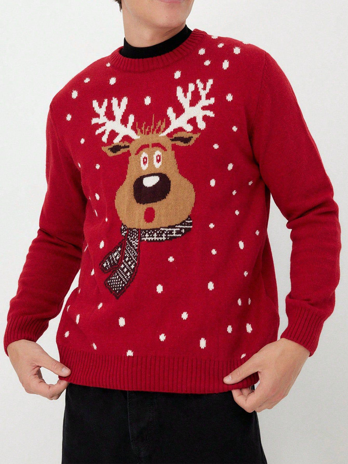 Men'S Red Christmas Reindeer Print Knit Sweater