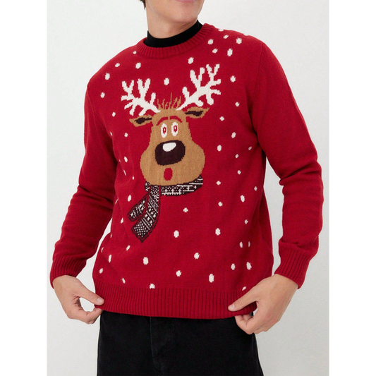 Men'S Red Christmas Reindeer Print Knit Sweater
