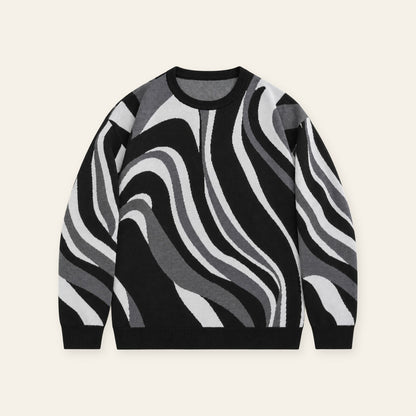 Black-Grey Swirl Abstract Stripe Men’s Knit Sweater