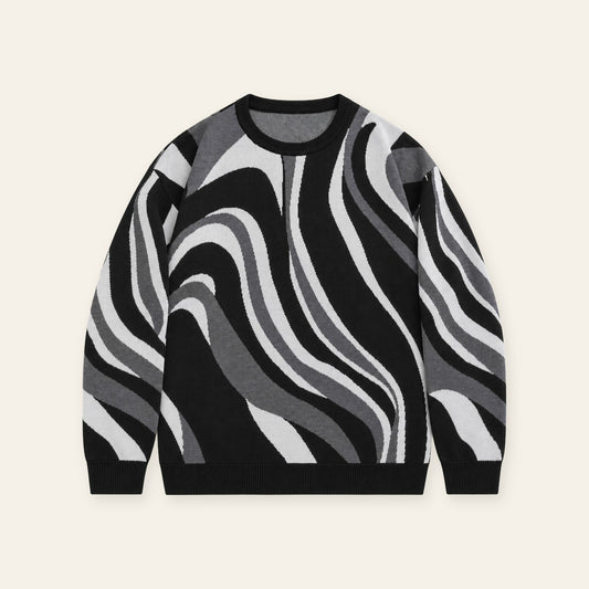 Black-Grey Swirl Abstract Stripe Men’s Knit Sweater