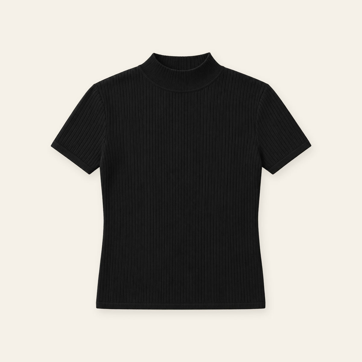 Black Ribbed Mock Neck Short Sleeve Knit Top