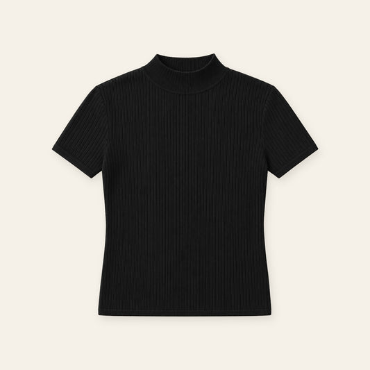 Black Ribbed Mock Neck Short Sleeve Knit Top
