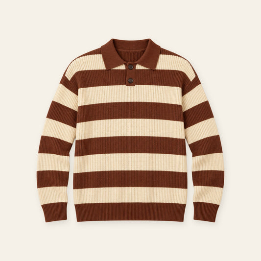 Brown Beige Stripe Men’s Knit Polo Sweater