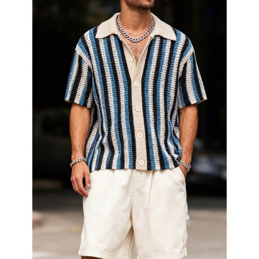Men's Striped Lapel Button‑Up Short‑Sleeve Knit Top