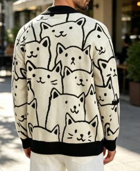 Cartoon Cat Print Men’s Knit Sweater