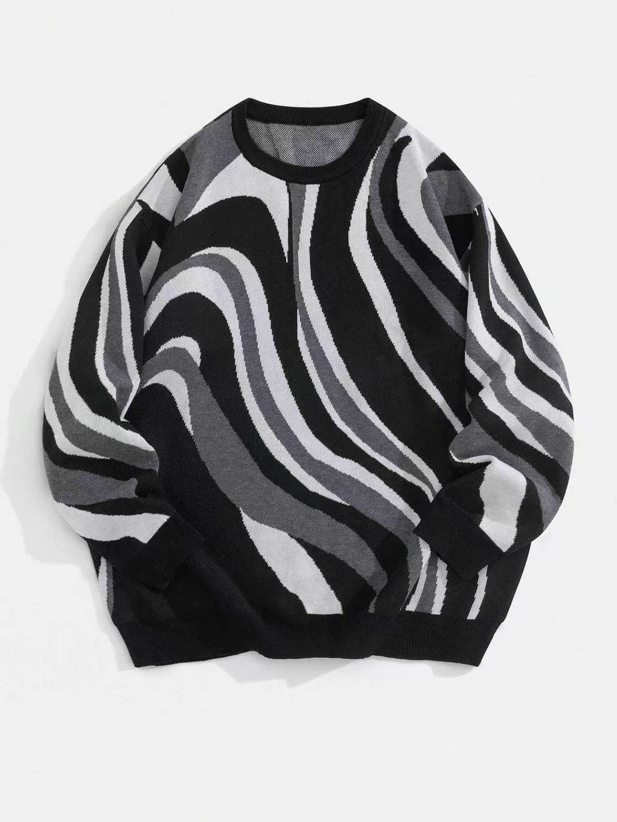 Black-Grey Swirl Abstract Stripe Men’s Knit Sweater
