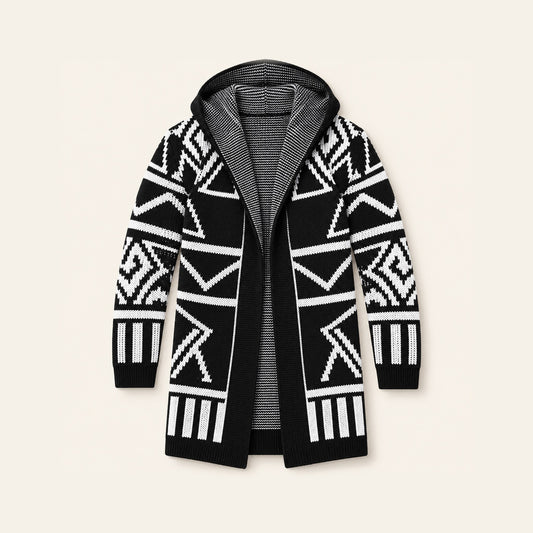 Ethnic Geometric Pattern Hooded Cardigan,