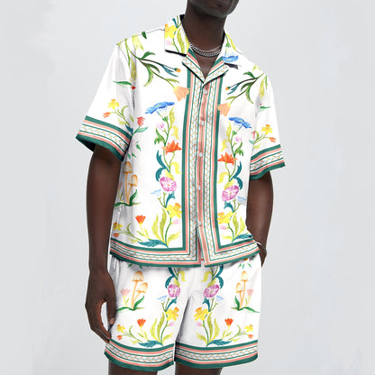 Green Floral Pattern Camp Collar Casual Shirt