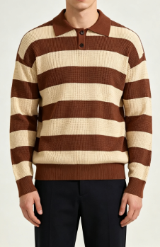 Brown Beige Stripe Men’s Knit Polo Sweater