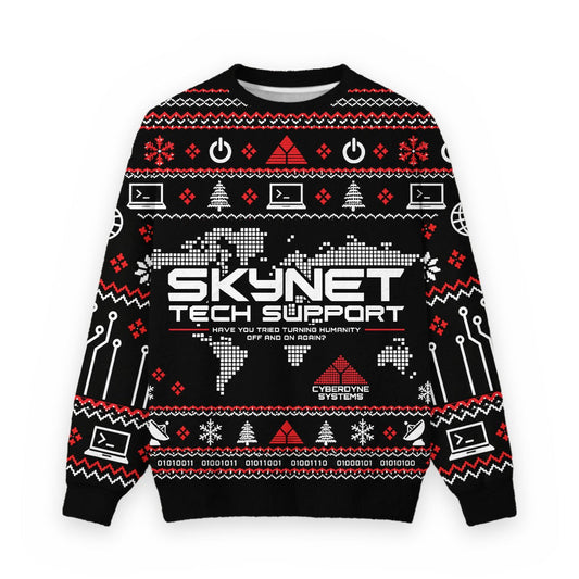 Skynet Tech Support Cyberdyne Systems Ugly Christmas Fuzzy Fleece Sweatshirt