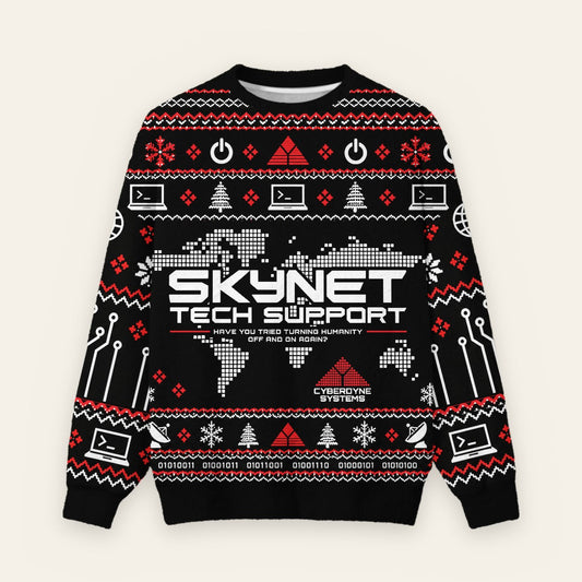 Skynet Tech Support Cyberdyne Systems Ugly Christmas Fuzzy Fleece Sweatshirt