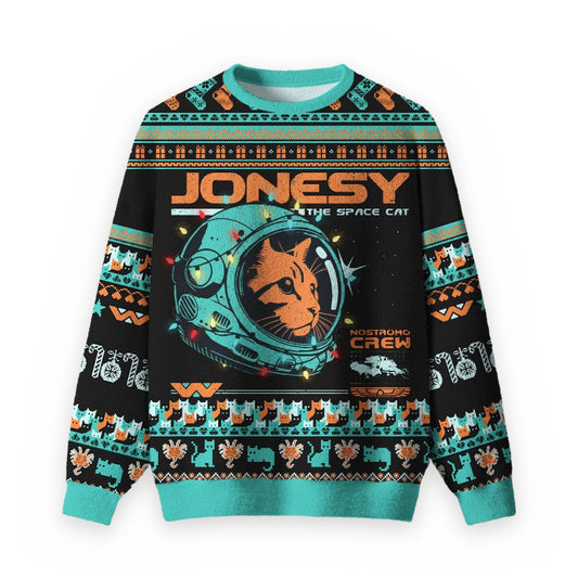 Jonesy The Space Cat Ugly Christmas Fuzzy Fleece Sweatshirt
