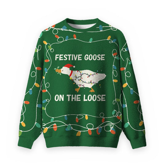 Festive Goose Escape Ugly Christmas Fuzzy Fleece Sweatshirt