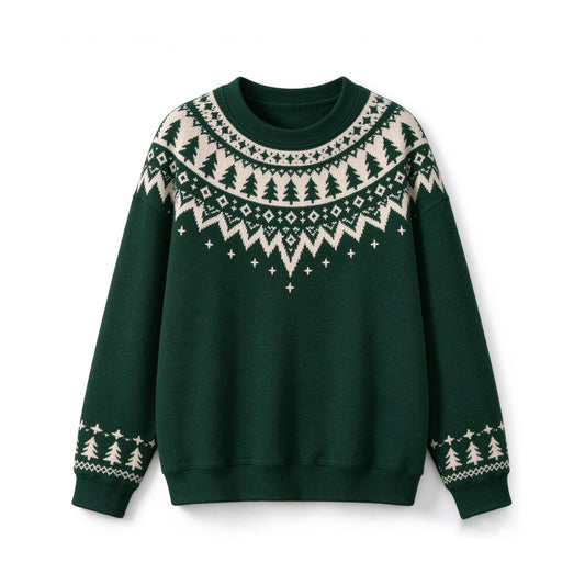 Forest Green Fair Isle Christmas Tree Crew Neck Knit Sweater, Vintage Nordic Winter Holiday Sweater