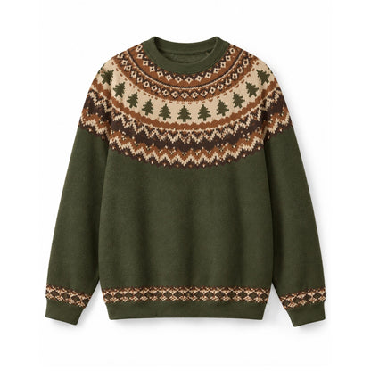 Green Fair Isle Nordic Christmas Tree Crew Neck Sweater