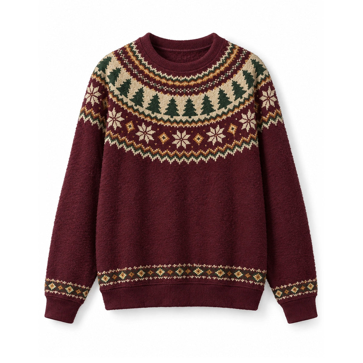 Burgundy Fair Isle Nordic Christmas Tree Snowflake Crew Neck Sweater