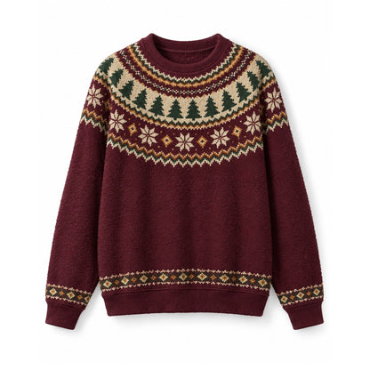 Burgundy Fair Isle Nordic Christmas Tree Snowflake Crew Neck Sweater