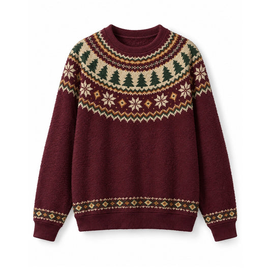 Burgundy Fair Isle Nordic Christmas Tree Snowflake Crew Neck Sweater