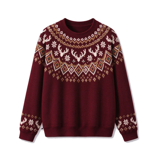 Burgundy Fair Isle Christmas Reindeer Crew Neck Knit Sweater, Vintage Nordic Winter Holiday Sweater